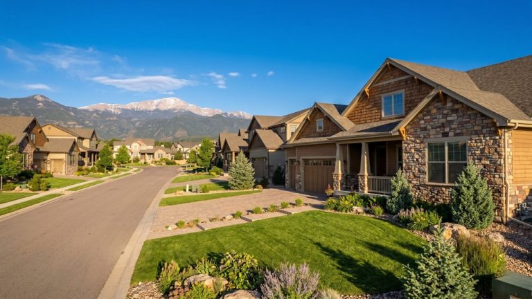Residential street in Colorado Springs with Pikes Peak in background, custom home