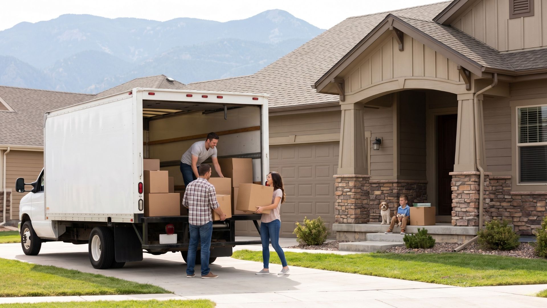 Family unloading moving truck in Colorado Springs neighborhood with mountain views
